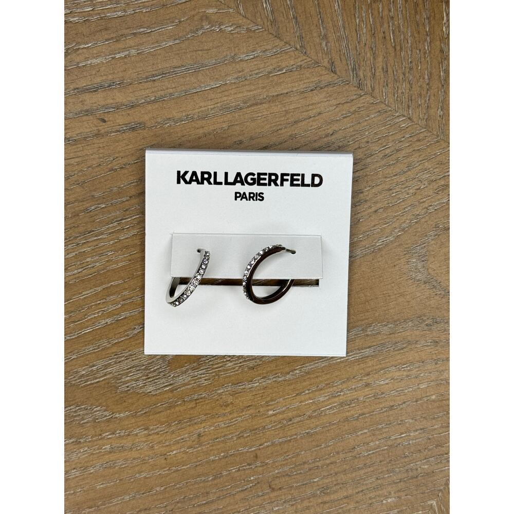 Karl Lagerfeld Paris Silver Crystal Hoop Earrings Small Pave Rhinestone Hoops - Picture 2 of 4